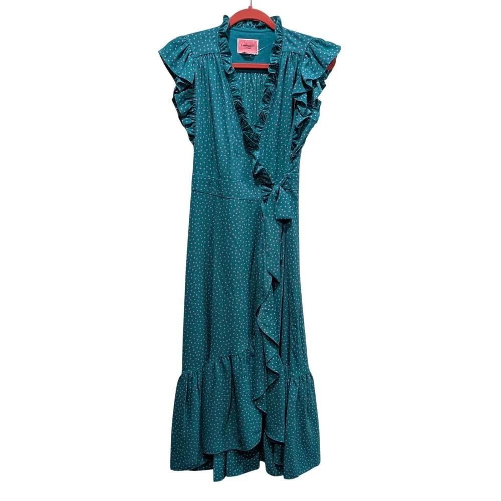Kate Spade Polka Dot Ruffle Wrap Midi Dress 4 Poolside Green Pink Belted